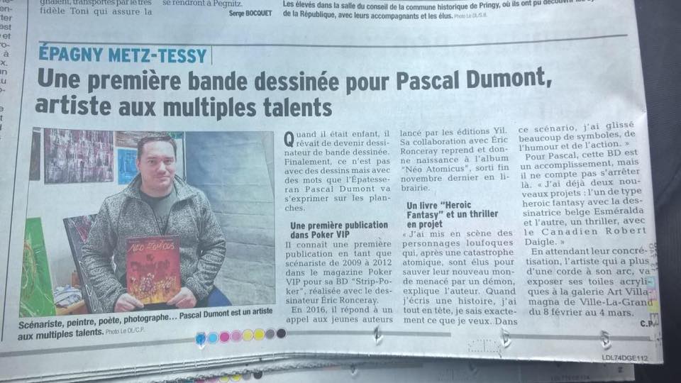 Article de journal Pascal Dumont scénarite de BD et artiste peintre